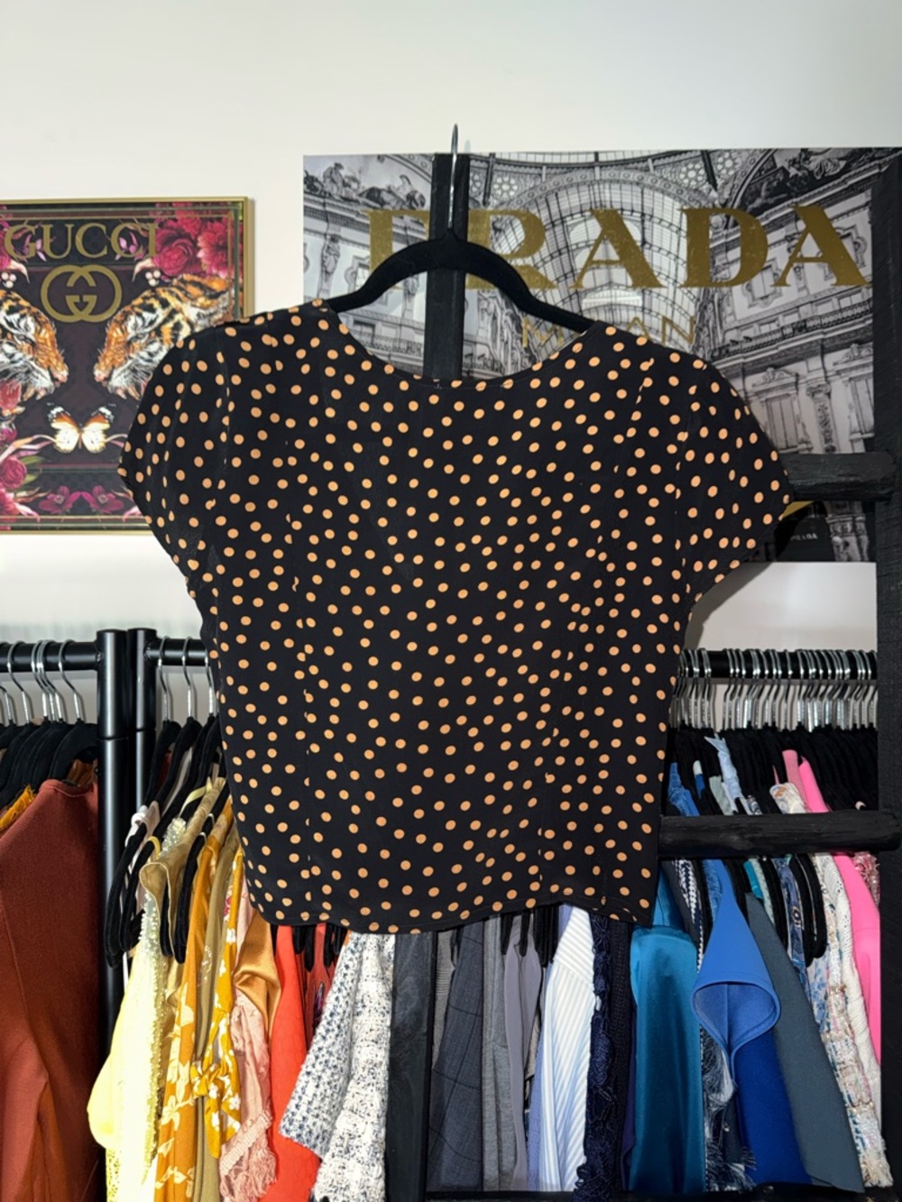 Rouje Ambroise Top Black Tan Polka Dot V Neck Button Front Blouse FR 36 US 4 EUC - Picture 7 of 7